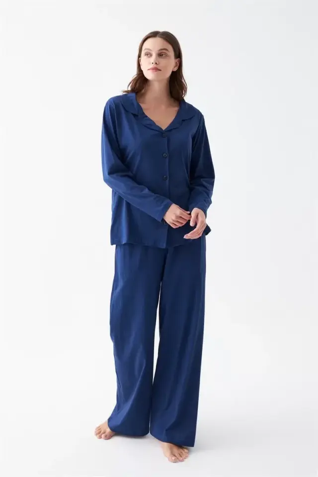 Kadın Lacivert Düğmeli Yaka Detaylı Pamuklu Pijama Takımı