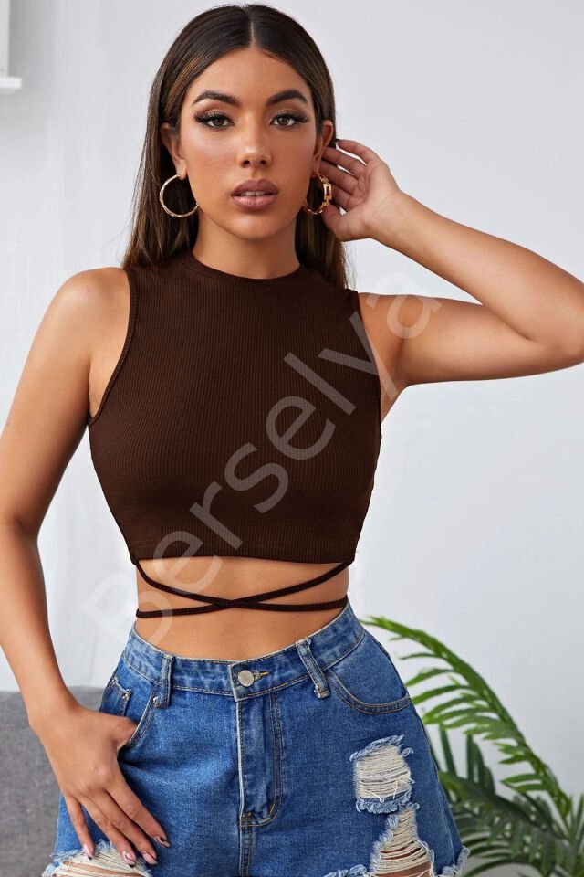 Kadın Kahverengi Çapraz Bağlamalı Crop Top Büstiyer