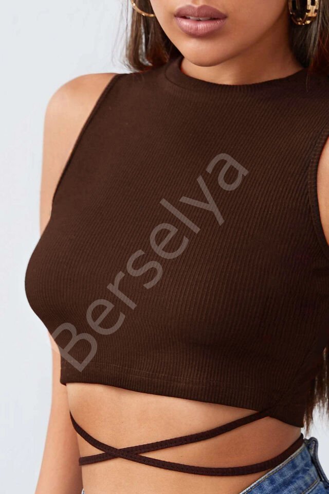 Kadın Kahverengi Çapraz Bağlamalı Crop Top Büstiyer