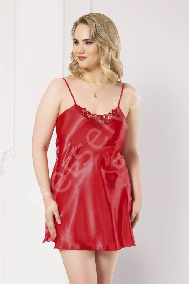 Büyük Beden Kırmızı Kısa Saten Gecelik