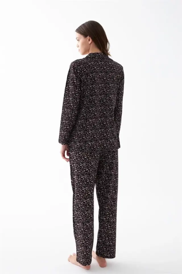 Kadın Siyah Düğmeli Kalp Desenli Pamuklu Pijama Takımı