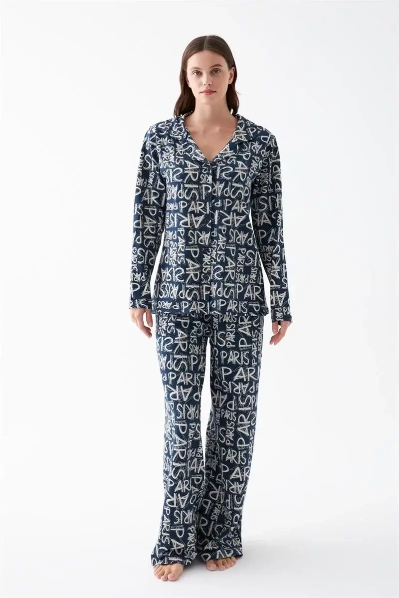 Kadın Lacivert “paris” Yazı Desenli Düğmeli Pamuklu Pijama Takımı