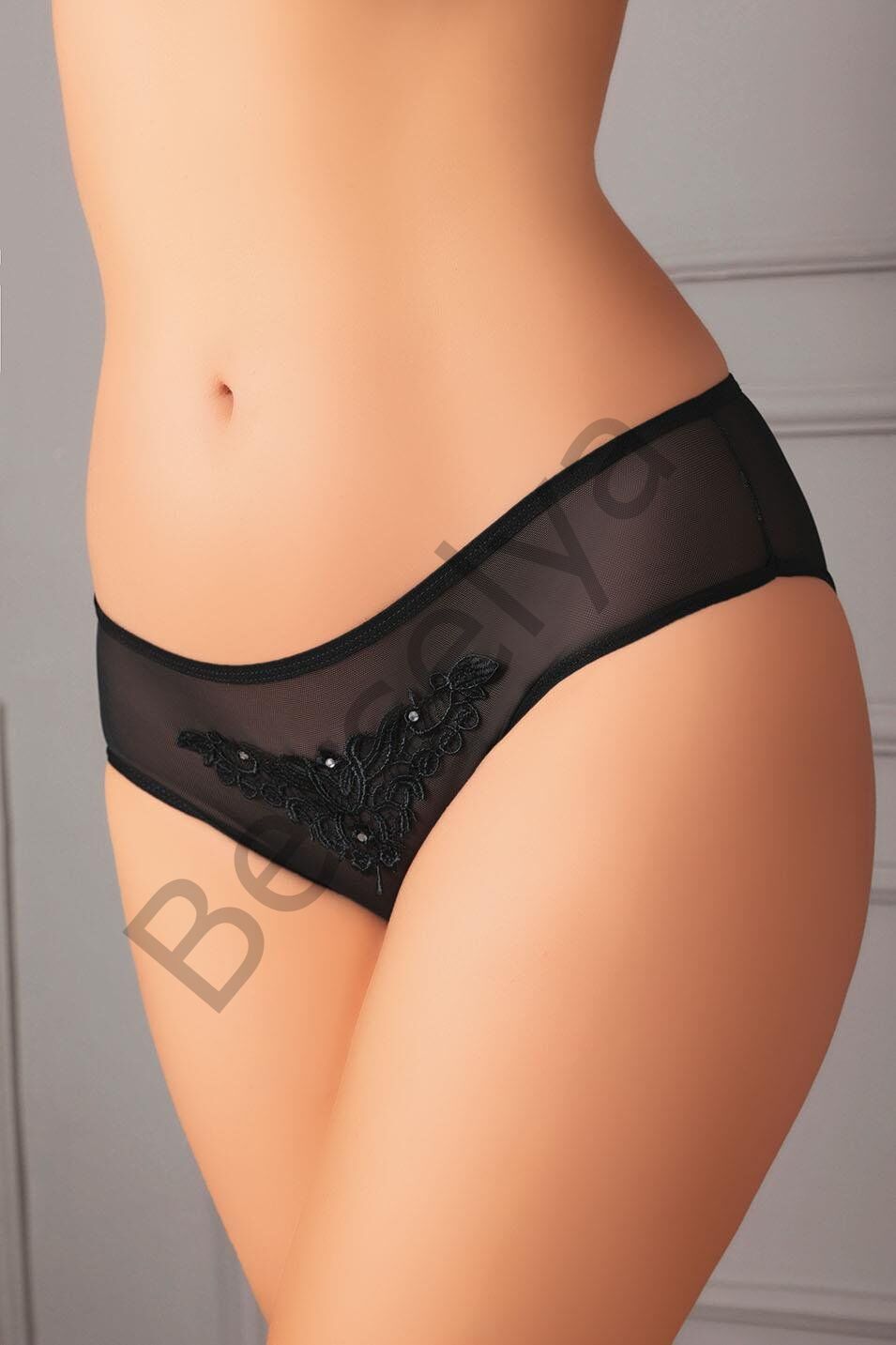 Güpürlü Taşlı Siyah Tül Fantezi Külot