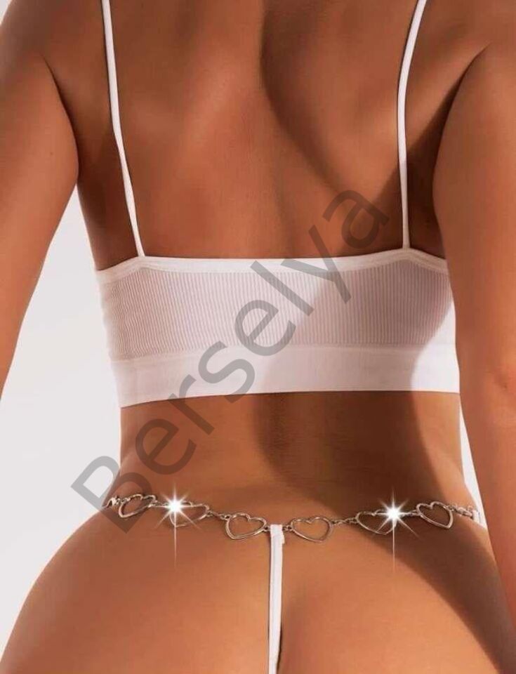Zincir Kalp Detaylı Fantezi Beyaz String Tanga