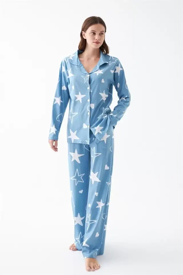 Kadın Mavi Yıldız Desenli Düğmeli Pamuklu Pijama Takımı