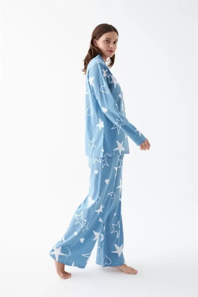 Kadın Mavi Yıldız Desenli Düğmeli Pamuklu Pijama Takımı