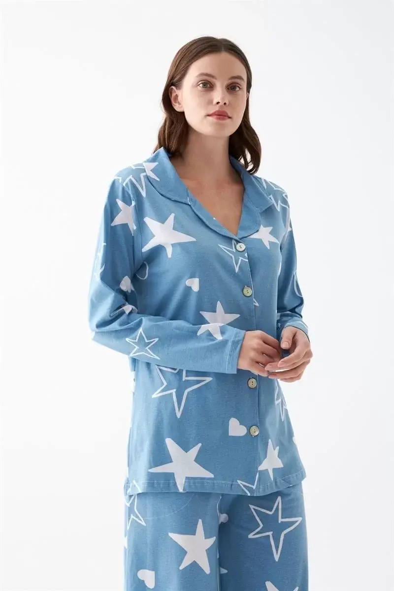 Kadın Mavi Yıldız Desenli Düğmeli Pamuklu Pijama Takımı