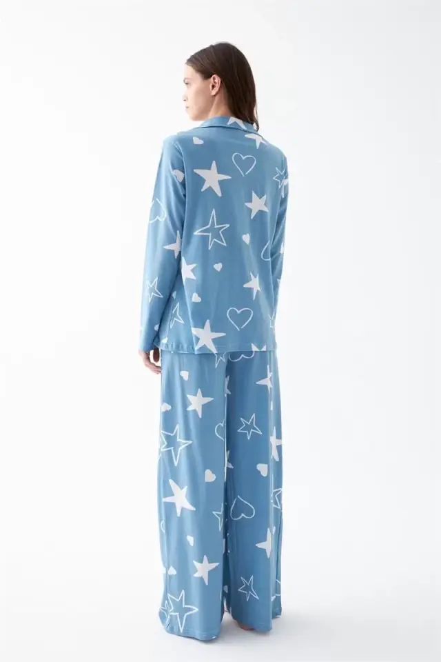 Kadın Mavi Yıldız Desenli Düğmeli Pamuklu Pijama Takımı
