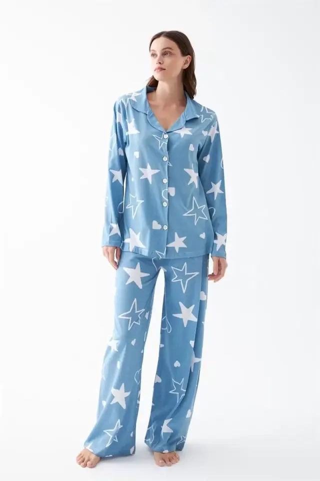 Kadın Mavi Yıldız Desenli Düğmeli Pamuklu Pijama Takımı