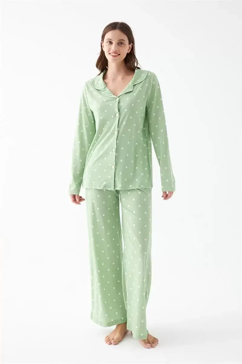 Kadın Yeşil Kalp Desenli Düğmeli Pamuklu Pijama Takımı