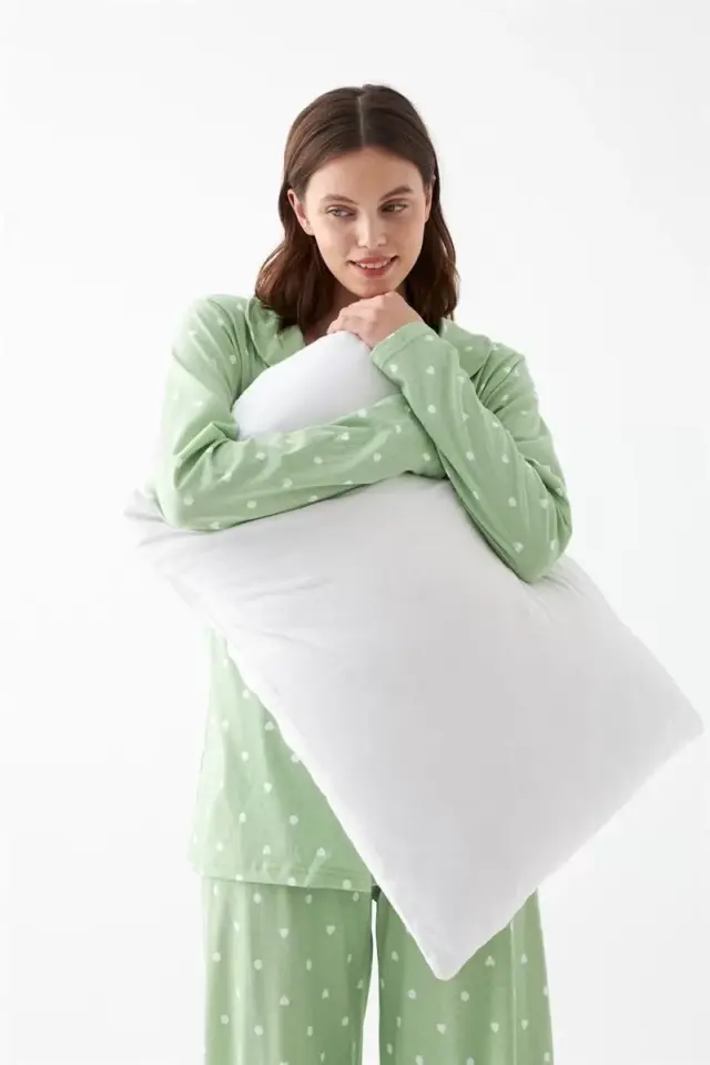 Kadın Yeşil Kalp Desenli Düğmeli Pamuklu Pijama Takımı