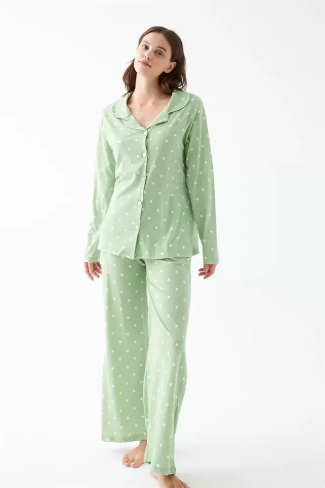 Kadın Yeşil Kalp Desenli Düğmeli Pamuklu Pijama Takımı