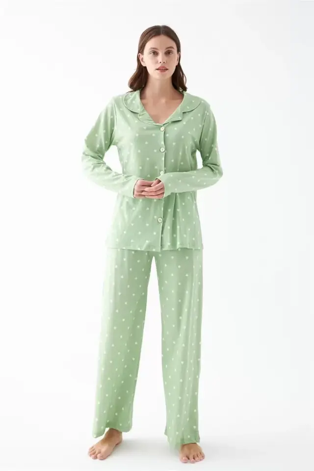 Kadın Yeşil Kalp Desenli Düğmeli Pamuklu Pijama Takımı