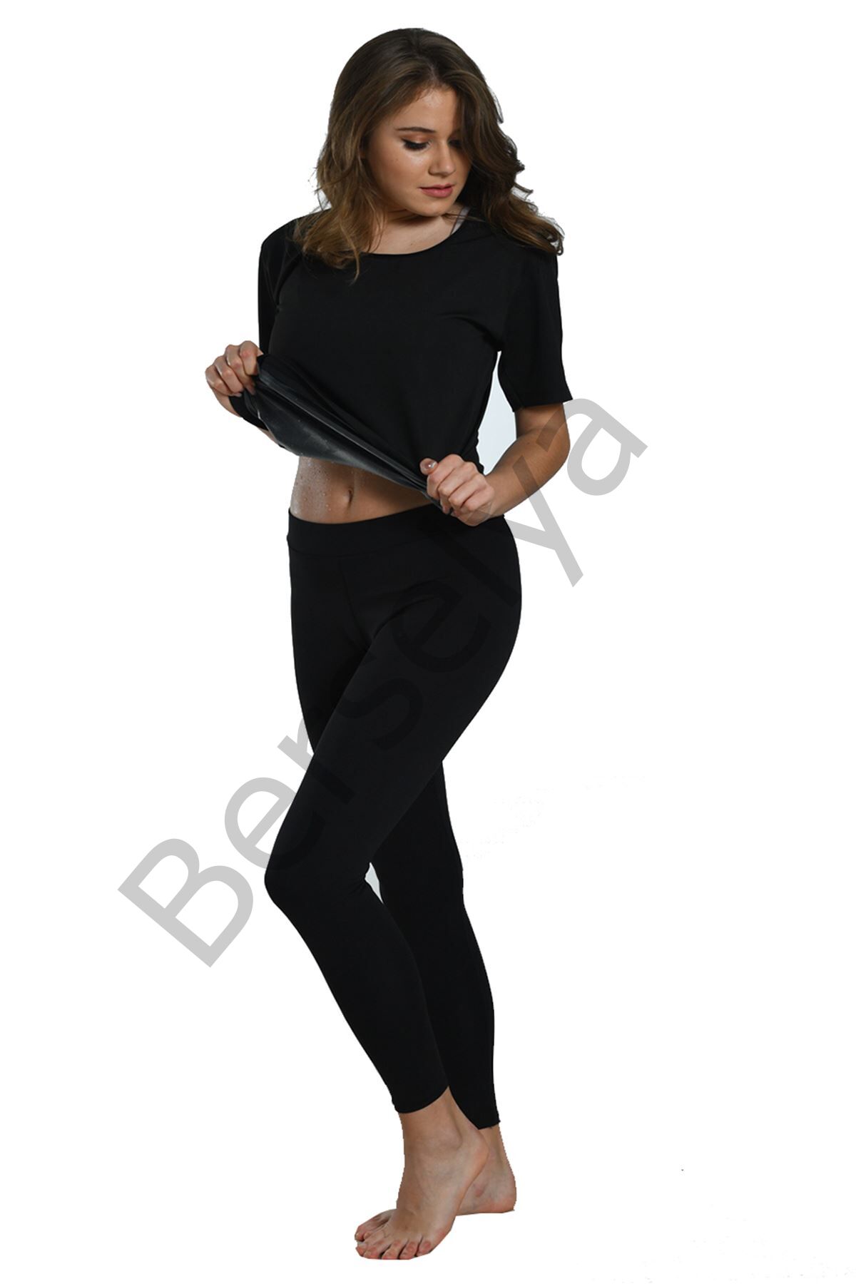 Siyah Kadın Yarım Kollu Termal Sauna Atlet Tayt Takım - 746