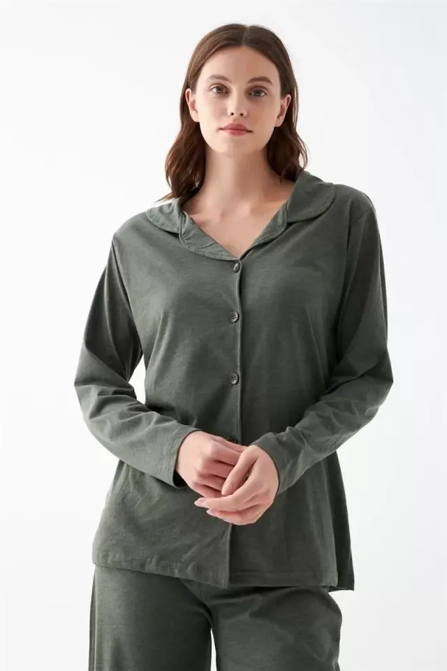 Kadın Haki Düğmeli Pamuklu Pijama Takımı
