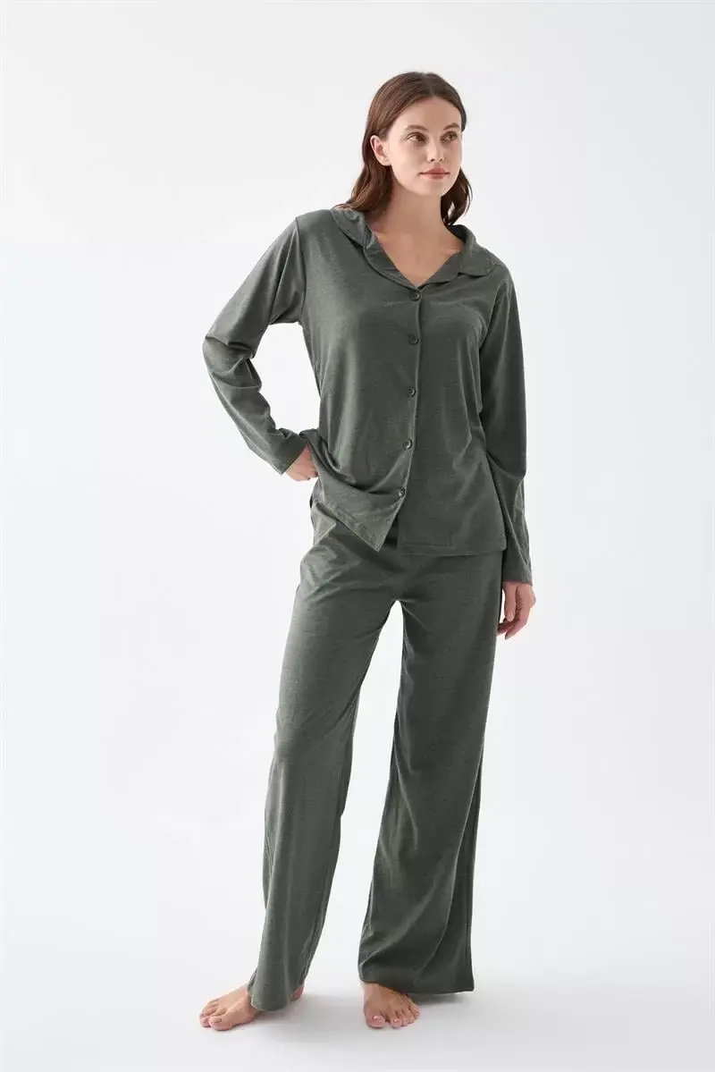 Kadın Haki Düğmeli Pamuklu Pijama Takımı