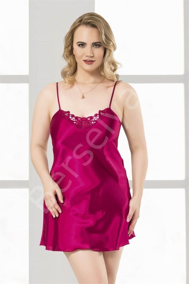 Büyük Beden Vişne Kısa Saten Gecelik