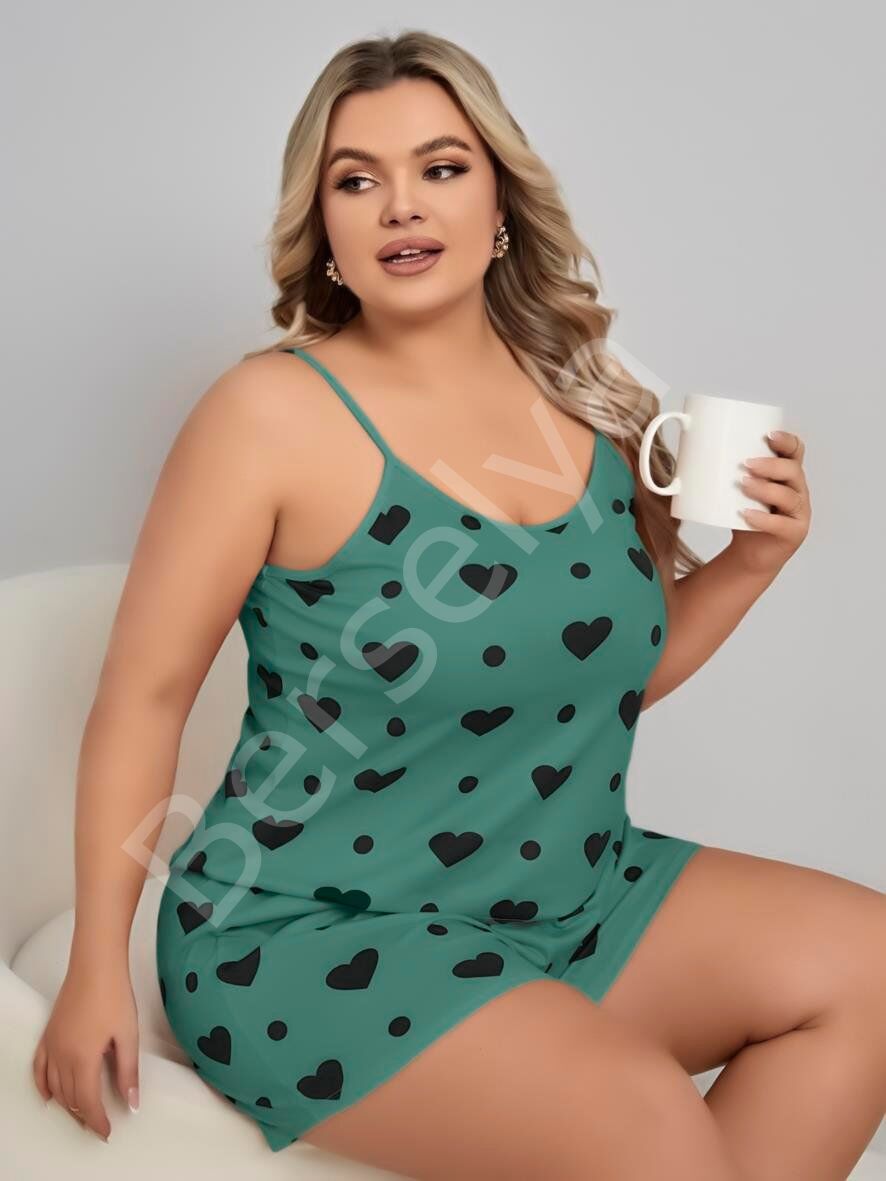 Büyük Beden Yeşil Kalp Desen Pamuklu Şortlu Pijama Takımı