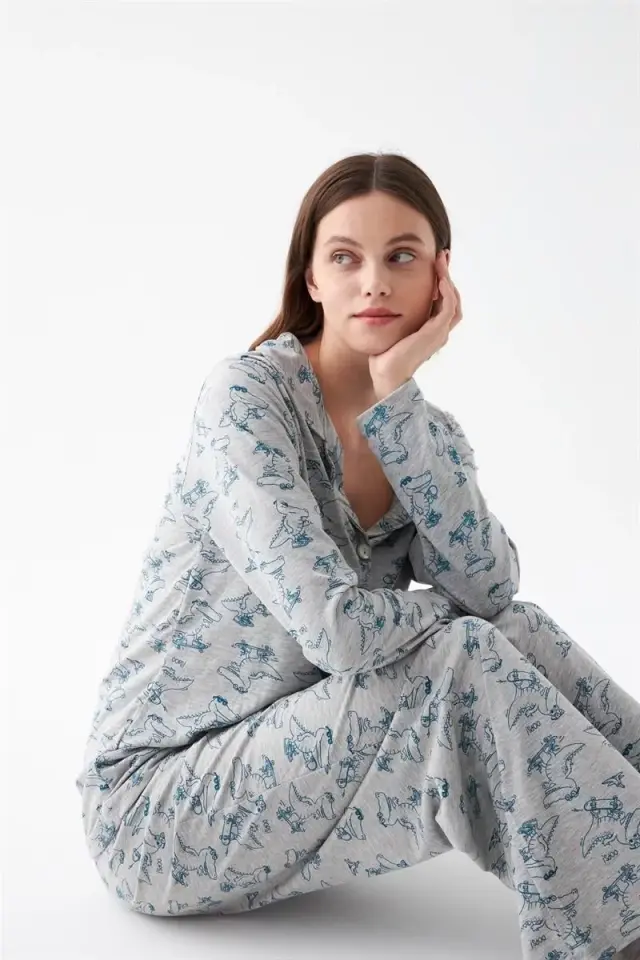 Kadın Gri Desenli Düğmeli Pamuklu Pijama Takımı
