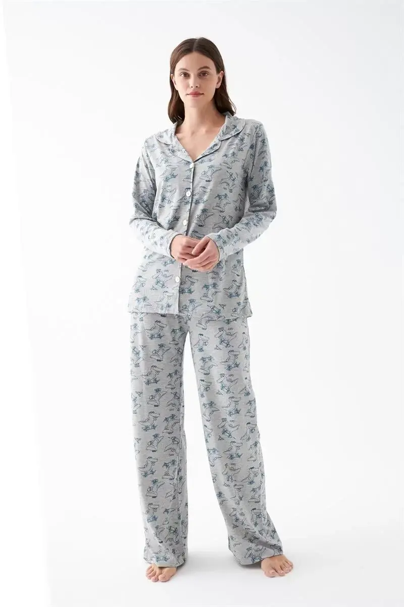 Kadın Gri Desenli Düğmeli Pamuklu Pijama Takımı