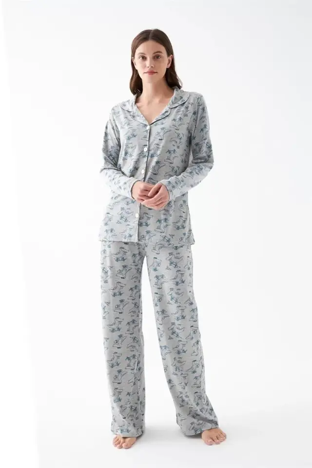 Kadın Gri Desenli Düğmeli Pamuklu Pijama Takımı