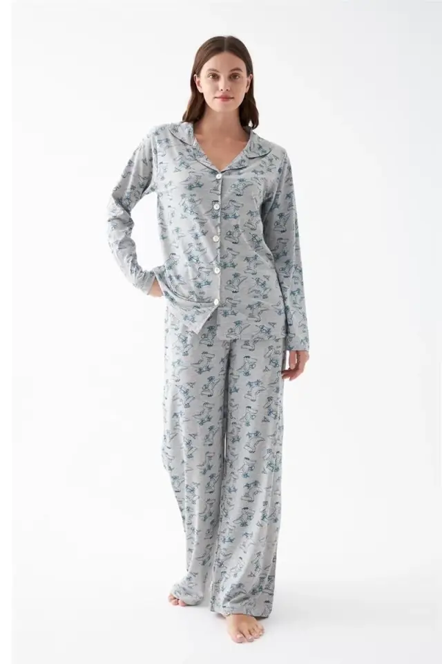 Kadın Gri Desenli Düğmeli Pamuklu Pijama Takımı