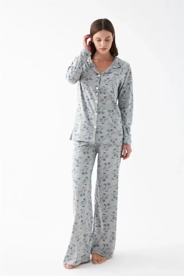 Kadın Gri Desenli Düğmeli Pamuklu Pijama Takımı