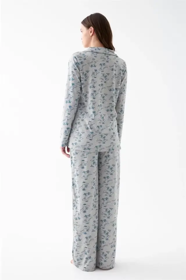 Kadın Gri Desenli Düğmeli Pamuklu Pijama Takımı
