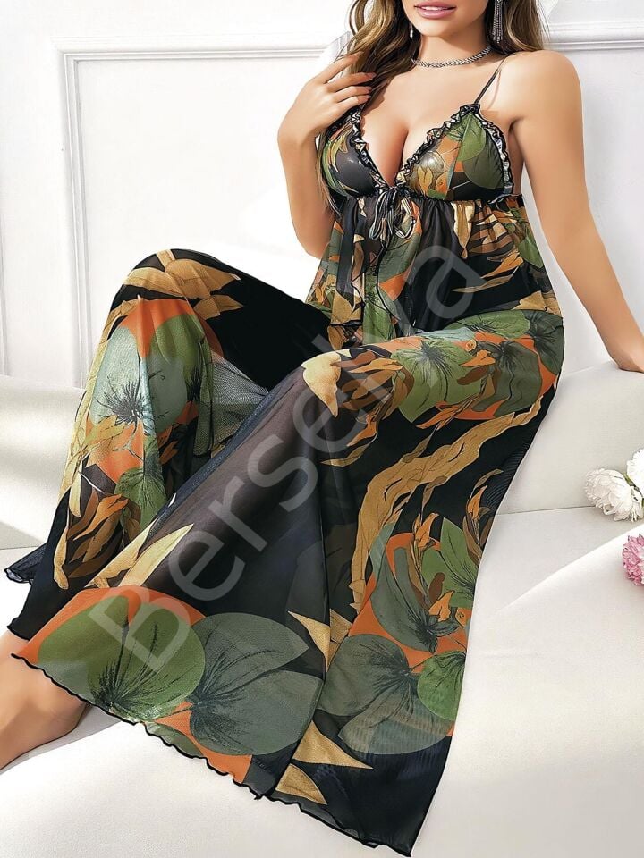 Büyük Beden Renkli Desenli İnce Askılı Salaş 2'li Takım