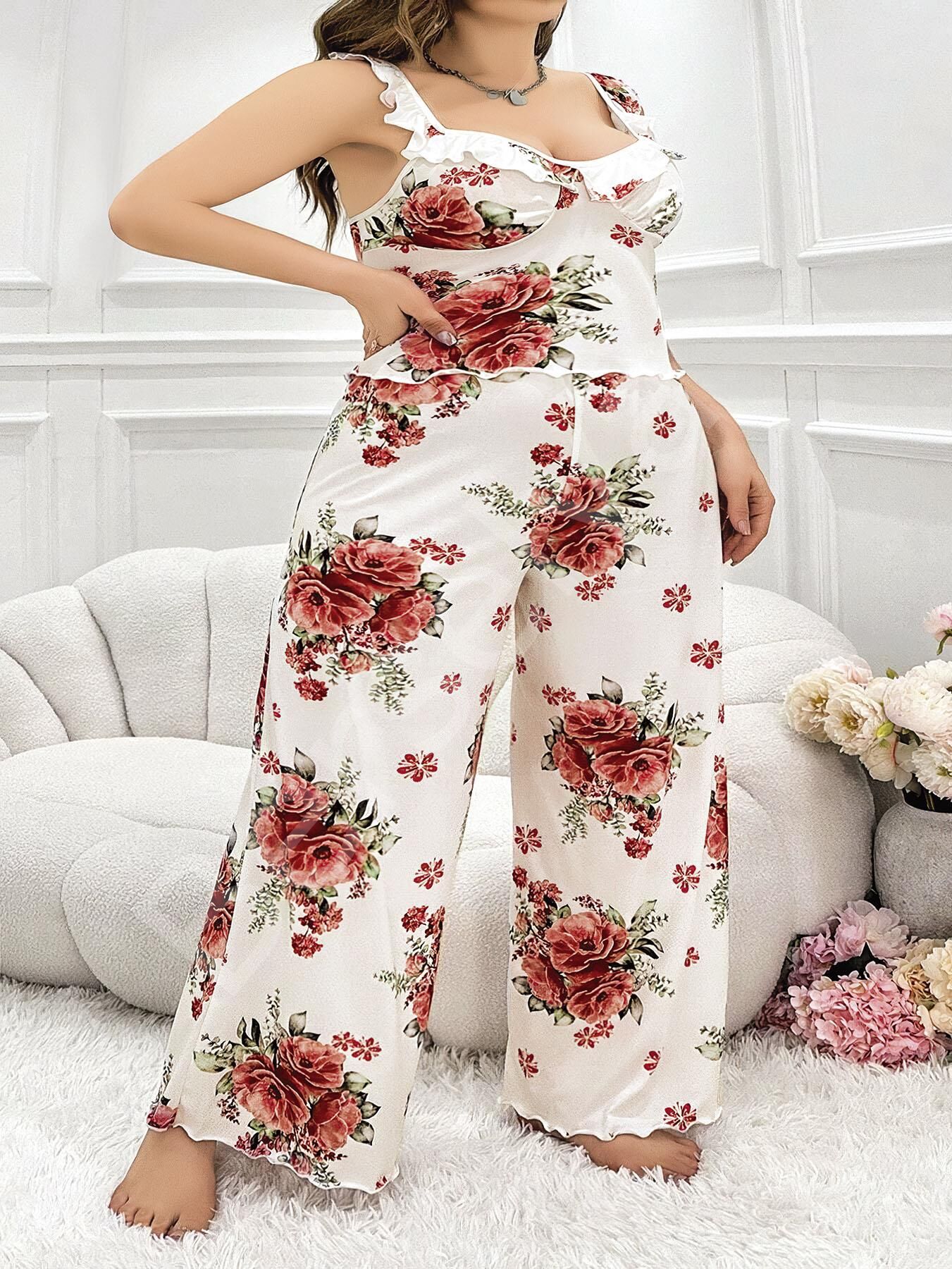 Büyük Beden Gül Desenli İnce Askılı Beyaz Salaş 2'li Takım