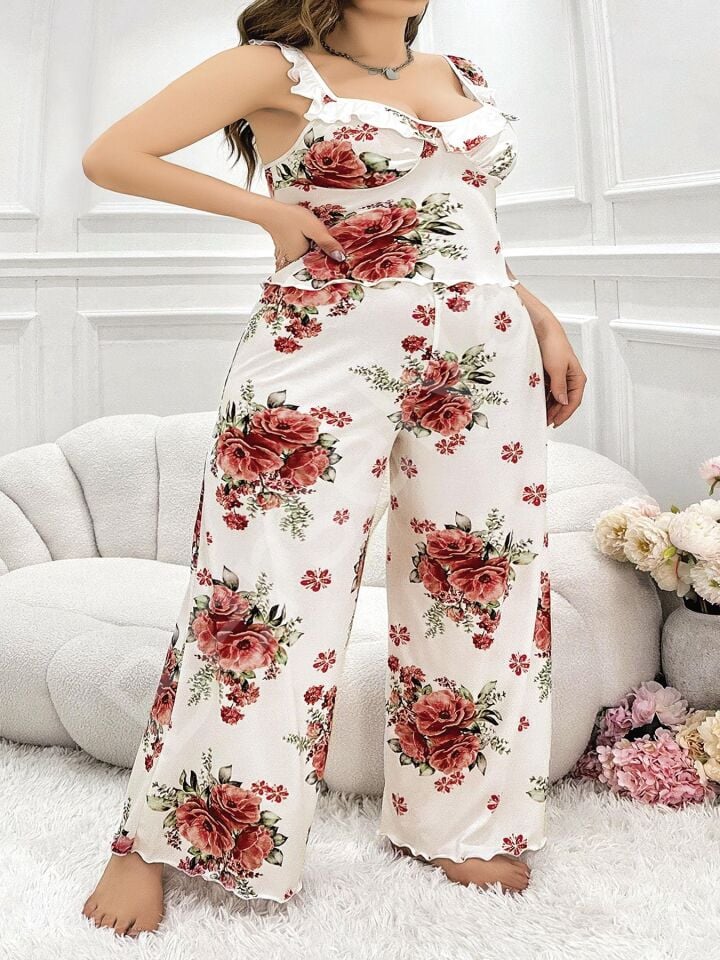 Büyük Beden Gül Desenli İnce Askılı Beyaz Salaş 2'li Takım