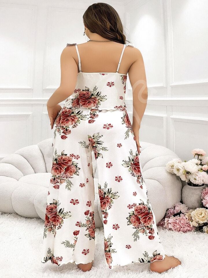 Büyük Beden Gül Desenli İnce Askılı Beyaz Salaş 2'li Takım