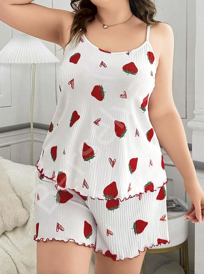 Büyük Beden Çilek Desen Pamuklu Şortlu Pijama Takımı