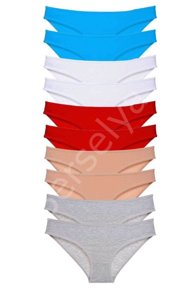 10 Adet Süper Eko Set Likralı Kadın Slip Kırmızı Ten Gri Beyaz Mavi