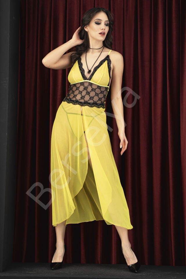 Sarı Dekolteli Gecelik Takım 1739