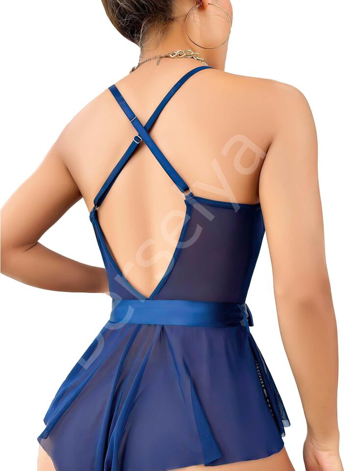 Mavi Dantel İşlemeli Kurdelalı Fantezi Tül Babydoll