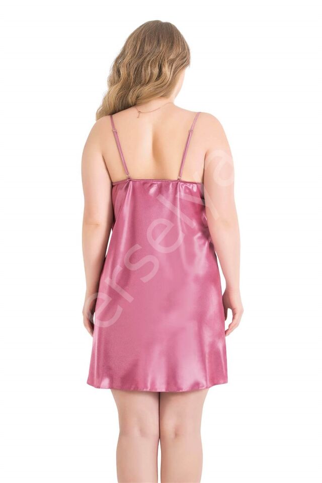 Büyük Beden Gül Kurusu Kısa Saten Gecelik