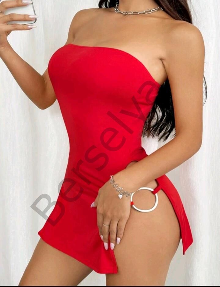 Kırmızı Metalli Straplez Mini Elbise