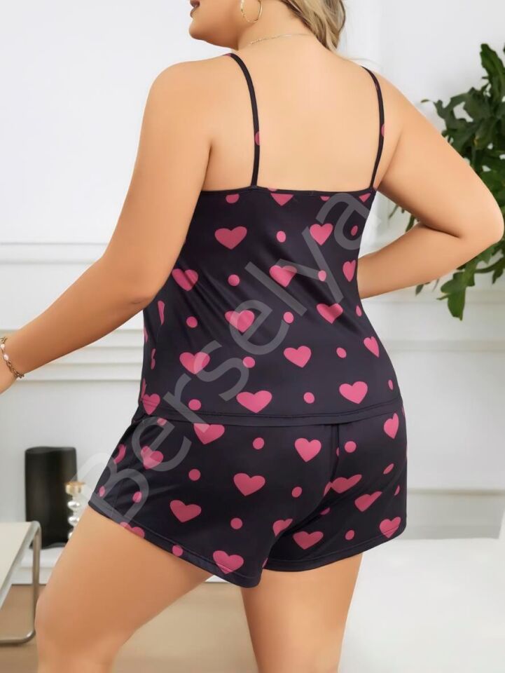 Büyük Beden Siyah Kalp Desen İnce Askılı Pamuklu Şortlu Pijama Takımı