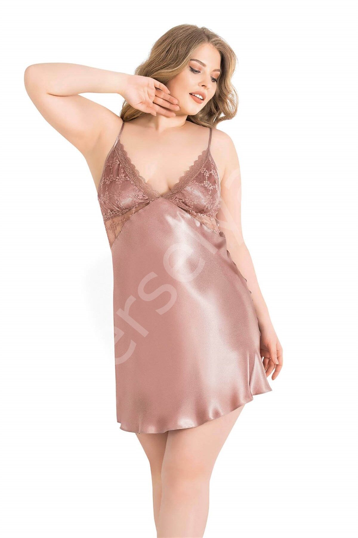 Büyük Beden Vizon Kısa Saten Gecelik