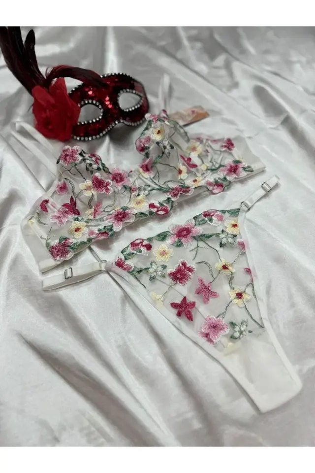 Kadın Seksi Ekru Çiçek Desenli Brode Bralet Ve Külot Takımı Dantelli Sütyen Takım