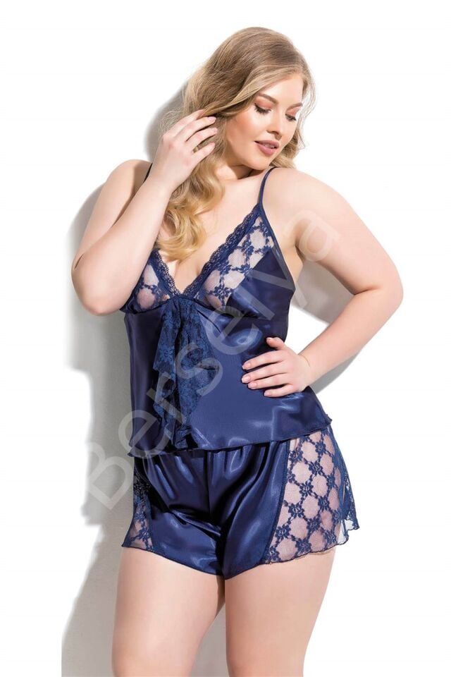 Büyük Beden Lacivert Saten Babydoll Şort Takımı