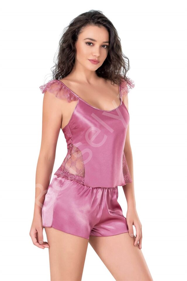 Gül Kurusu Saten Babydoll Şort Takımı