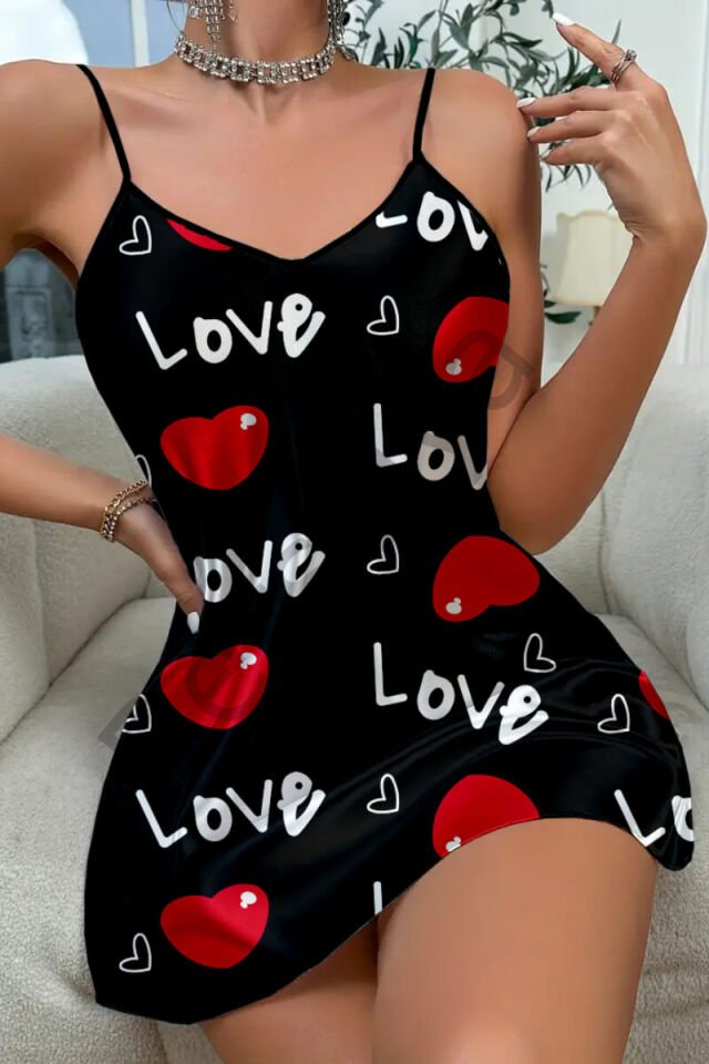 Love Desenli Saten Gecelik