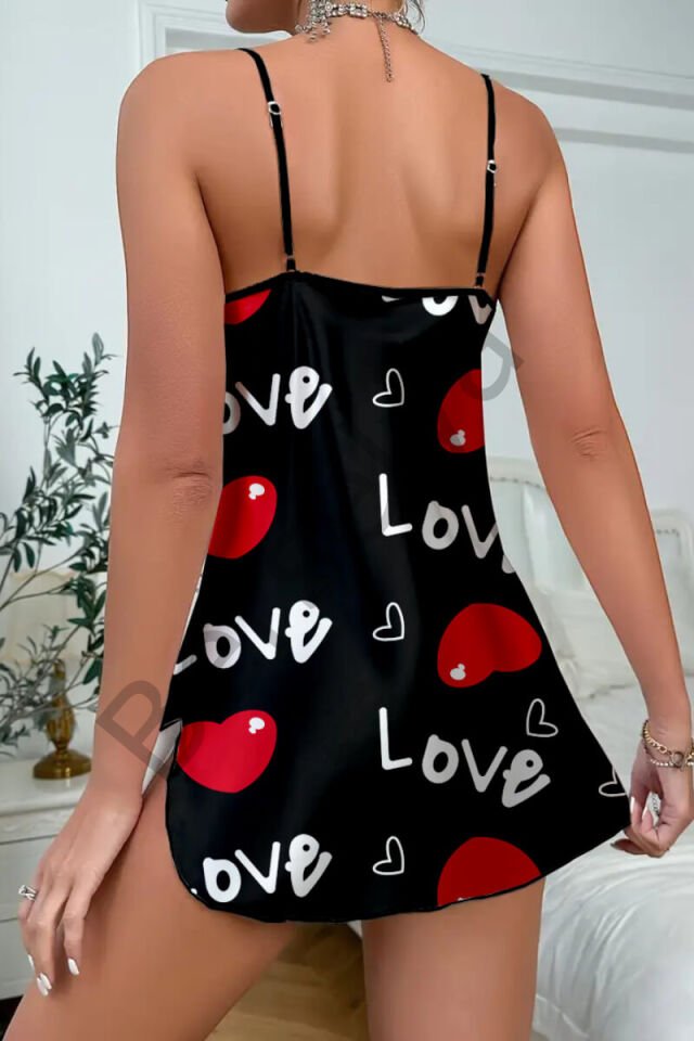 Love Desenli Saten Gecelik