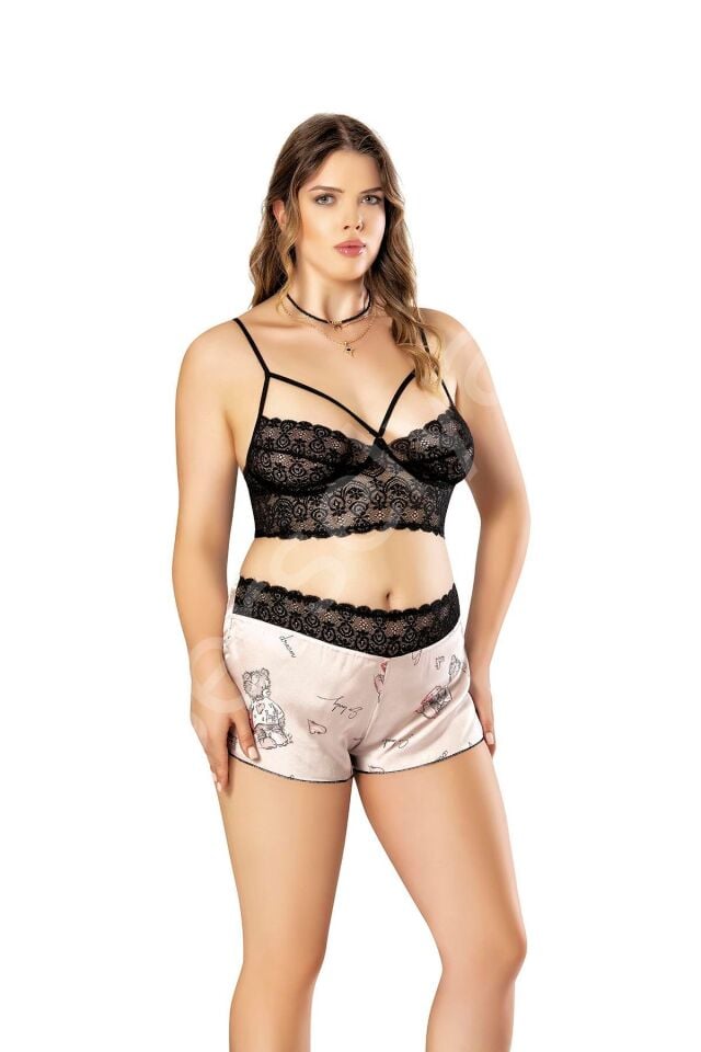 Büyük Beden Altı Şirin Desenli Üstü Dantel Fantazi Şortlu Gecelik