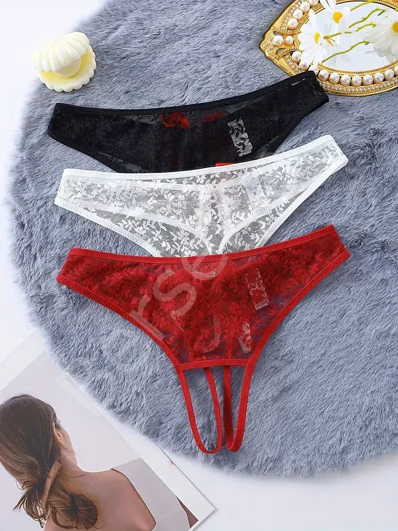Kadın 3'lü Seksi Ağ Bölgesi Açık Dantelli Tanga Seti