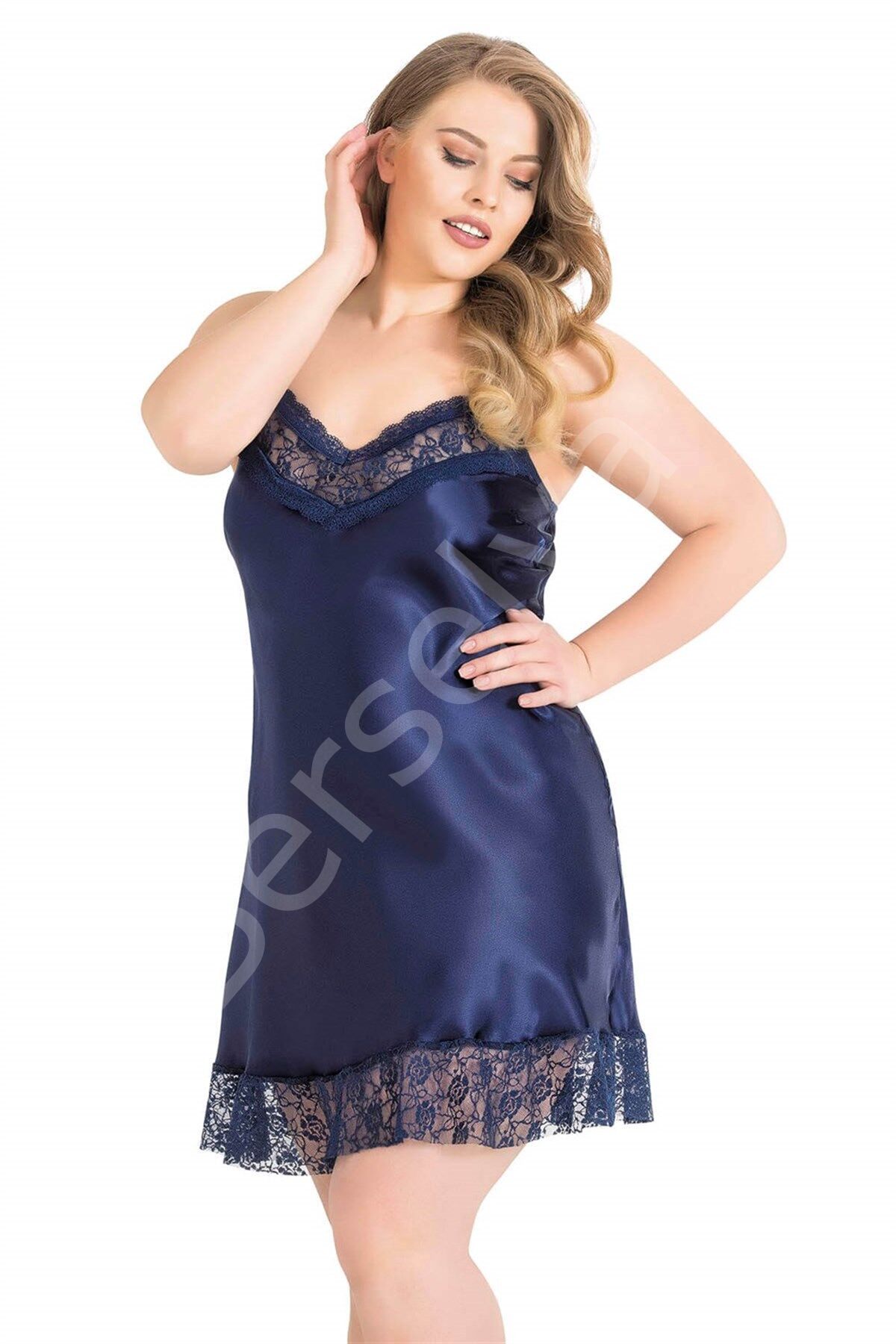 Büyük Beden Lacivert Kısa Saten Gecelik