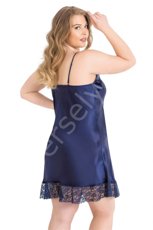 Büyük Beden Lacivert Kısa Saten Gecelik