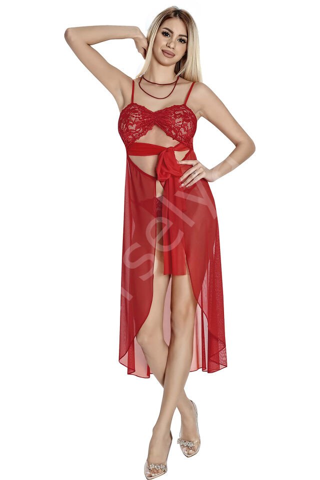 Kırmızı Dekolteli Gecelik Takım 1804